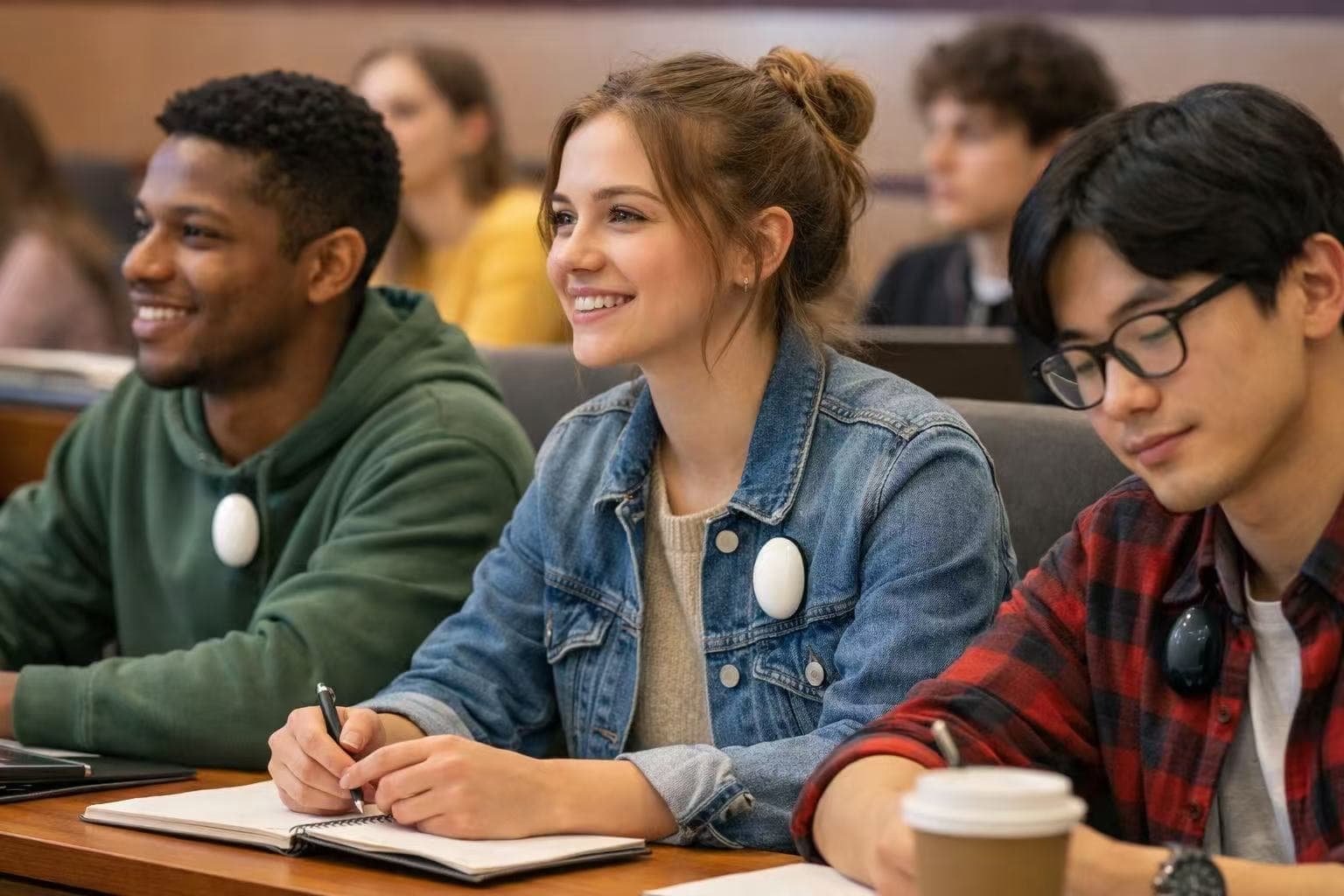 Three students side by side in a lecture hall, each wearing a small white PendLearn pendant at the chest.