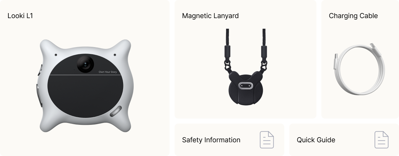 What's in the Box: device, Magnetic Lanyard, Charging Cable, Safety Information, Quick Guide